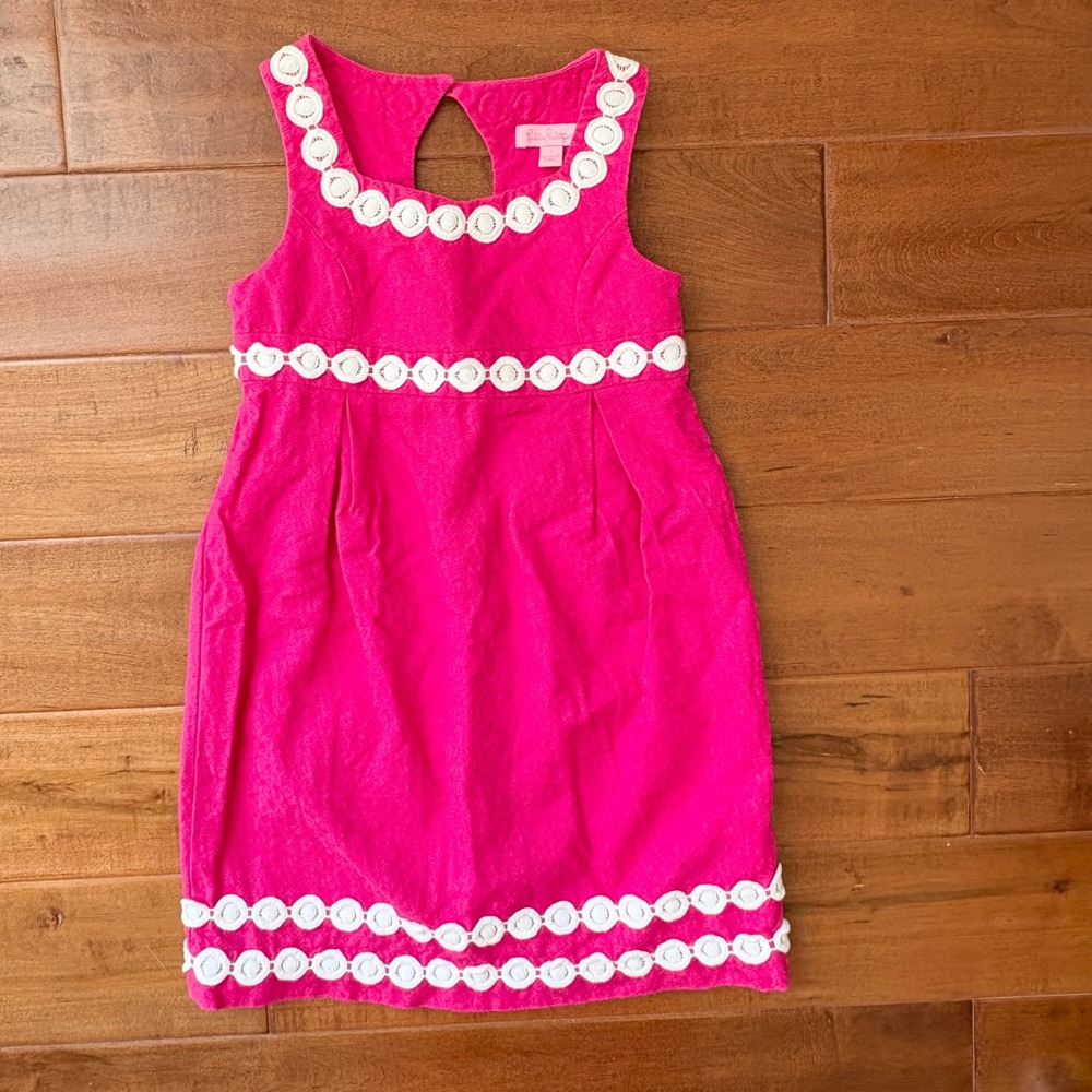 Lilly Pulitzer Lace Trim Shift Cotton Dress Girls Size 7 Pink 26001G Barbiecore